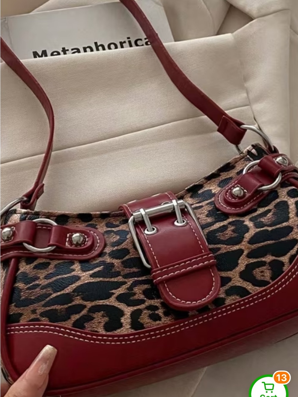 Leopard Print Shoulder Bag with Burgundy Trim and Buckle